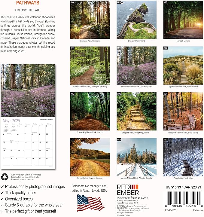 RED EMBER Untamed & Beautiful Pathways 2025 Wall Calendar 12 Month | 12" x 24" Open | Thick & Sturdy Paper | Giftable | Calendar 2025