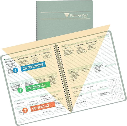 Planner Pad Spiral Bound January-December 2025/ Calendar Year 8 1/2" x 11" Large 3-Tier Funnel Down 12 Month Organizer, Greenish Grey Cover/Soft Green Ink