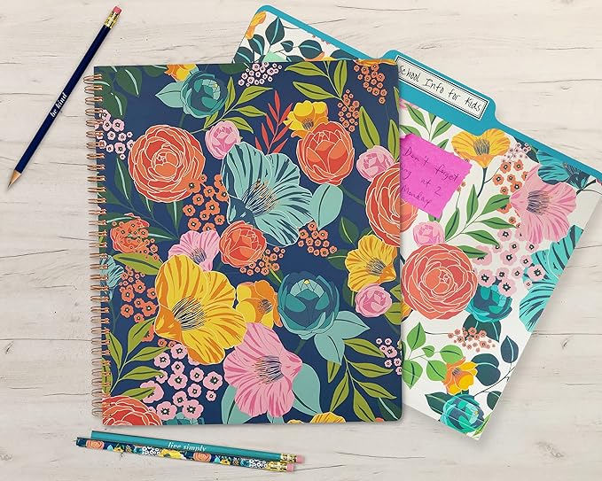 Steel Mill & Co Cute Large Spiral Notebook College Ruled, 11" x 9.5" with Durable Hardcover and 160 Lined Pages, Garden Blooms (Navy)