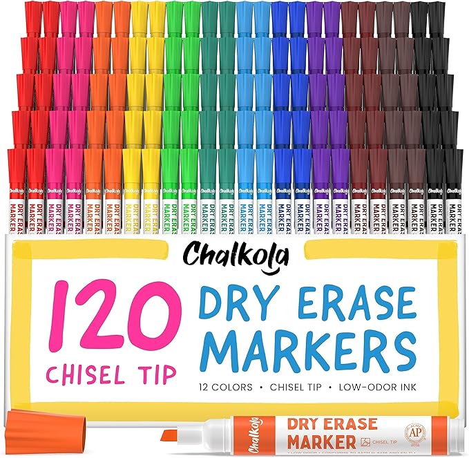 Chalkola Bulk Dry Erase Markers for Classroom (120 Pack, 12 Vibrant Colors) | Erasable, Low Odor, Chisel Tip WhiteBoard Markers, Dry Erase Pens for Kids, Teachers - Office, Home, School Supplies,