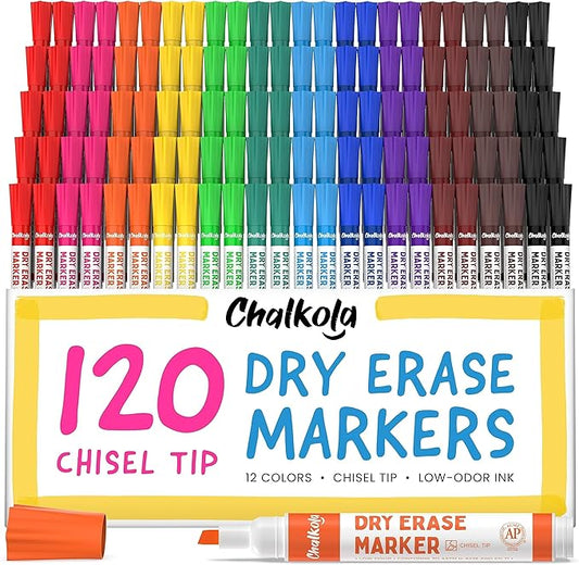 Chalkola Bulk Dry Erase Markers for Classroom (120 Pack, 12 Vibrant Colors) | Erasable, Low Odor, Chisel Tip WhiteBoard Markers, Dry Erase Pens for Kids, Teachers - Office, Home, School Supplies,