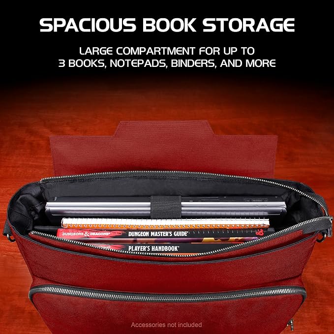 ENHANCE Collector's Edition RPG Player's Essentials DND Bag - Dragon Hide Exterior Messenger Bag Fits 2-4 Books, Binders, Dice & Accessories, with 17 inch Laptop Slot, Battlemap Straps (Dragon Red)