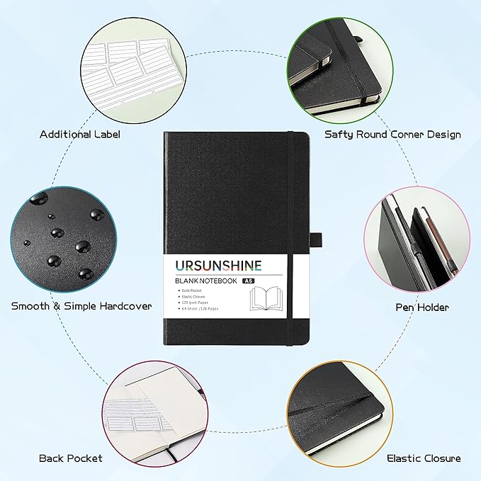 Blank Journal/Notebook - Classic Notebook/Journal with Ribbon Divider, Hardcover with Thick Paper, 5.7" x 8.4", Banded + Pen Holder +Inner Pocket - Black