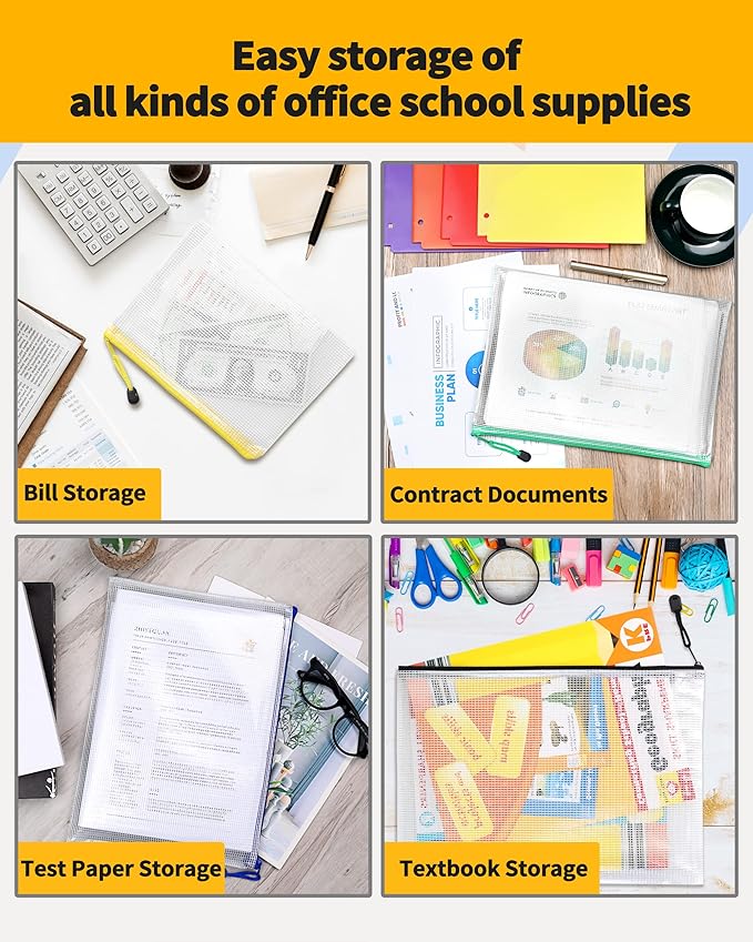 SUNEE Plastic Mesh Zipper Pouch 11x16 in (8 Colors, 24 Packs),Extra Large Water-Resistant Zip Bag for School Office Supplies, Puzzles & Games Organizing Storage