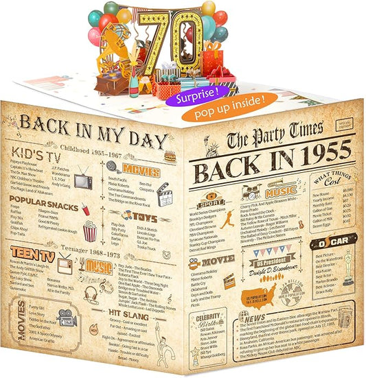 70th Birthday Card for Men Women, Funny 3D Pop Up 70th Birthday Gifts for Grandma Mom Dad, Back In 1955 Happy 70 Year Old Birthday Decorations Cards for Her Him, Classy Vintage