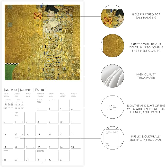 Graphique 2025 Klimt Wall Calendar | 12” x 12” | Thick Paper | Home & Office Organizer | Large Monthly Grid | 3 Languages & Marked Holidays | 4 Month Preview Page for 2026