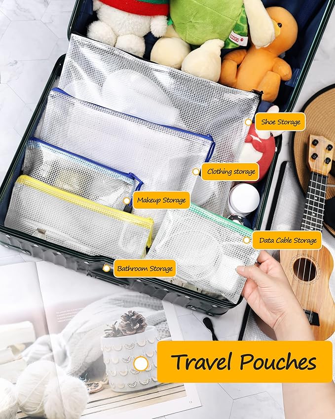 SUNEE Mesh Zipper Pouch 9x13 in (6 Colors, 24 Packs),Extra Large Water-Resistant Zip Bag for School Office Supplies, Puzzles & Games Organizing Storage