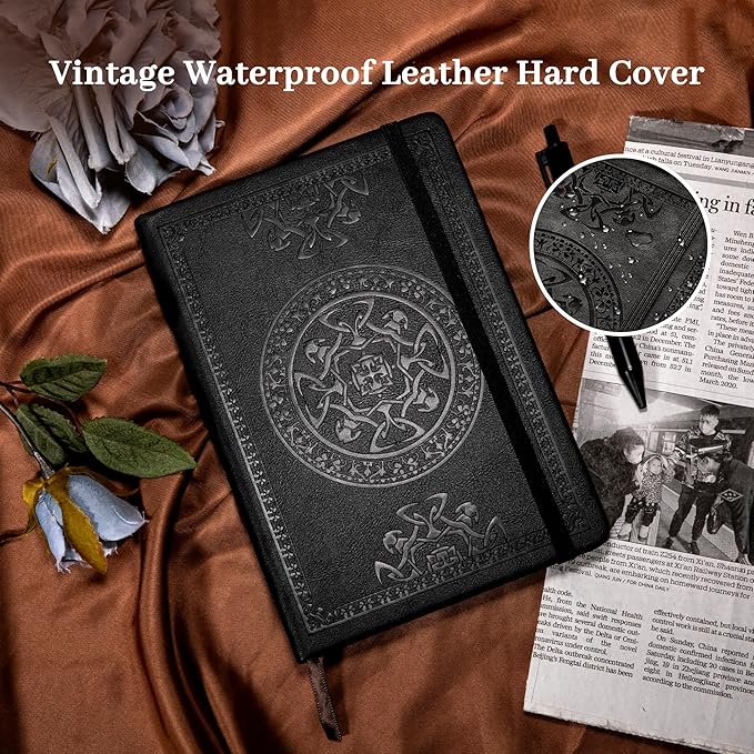 CAGIE Leather Journal for Men Hardcover Journals for Writing with Pen, 290 Pages Lined Mens Journal for Work Black Vintage Journal Notebook, 6.1" x 8.5"