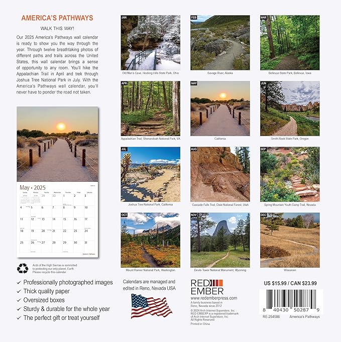 RED EMBER America's Pathways 2025 Wall Calendar 12 Month | 12" x 24" Open | Thick & Sturdy Paper | Giftable | Calendar 2025