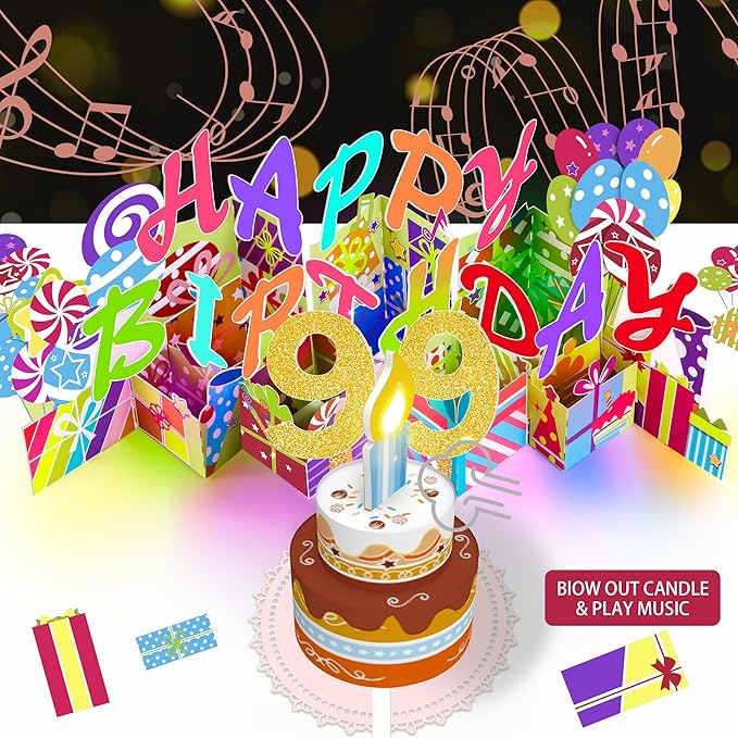 Gumry 99TH Musical Birthday PopUp Card, Blowable Colorful Light Candle 3D Cards with Song, Applause Cheers Sound, Greeting Cards Birthday Gifts Decorations for Women Men Turning 99 Years Old