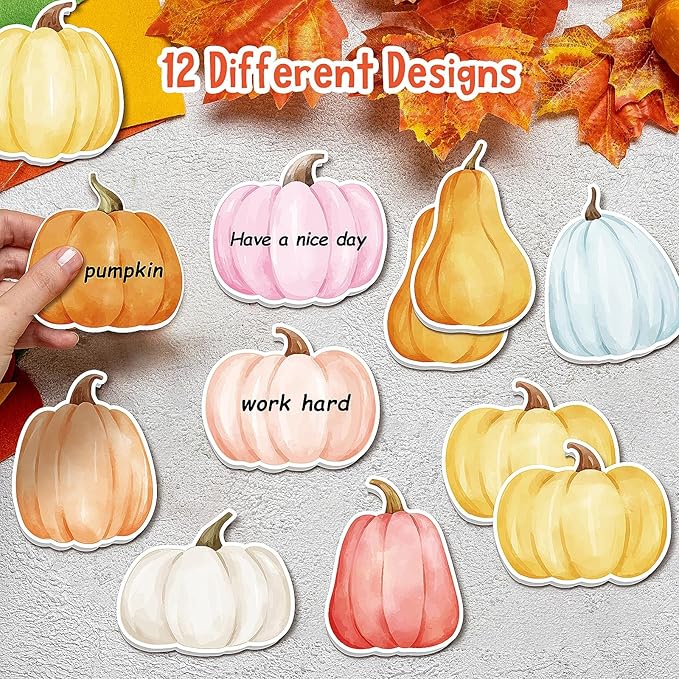 48Pcs Fall Boho Pumpkin Sticky Note Colorful Watercolor Pumpkin Shaped Self-Adhesive Removable Work-Study Memo Note for School Office Supplies Student and Teacher Gift 12 Style Total 20 Sheet Each