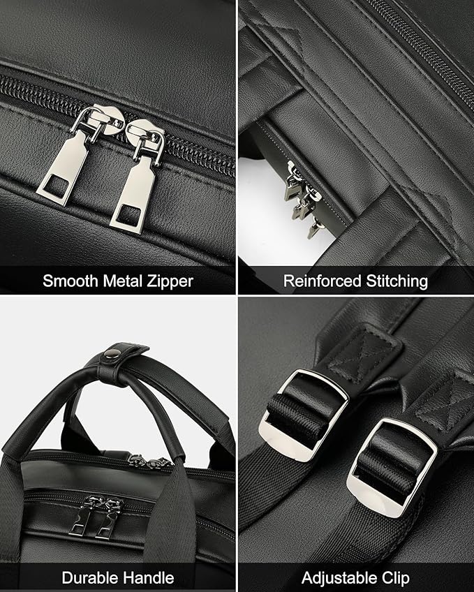 MASINTOR Leather Laptop Backpack for Women, Stylish Computer Backpack College Business Work Shoulder Bags Work and Travel Black