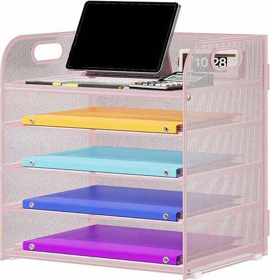 5 Tier Paper Organizer with Handle, Metal Mesh Desk Organizer File Folder Organizer Paper Letter Tray Desktop Document Sorter for Classroom, School, Office Organization and Storage - Pink