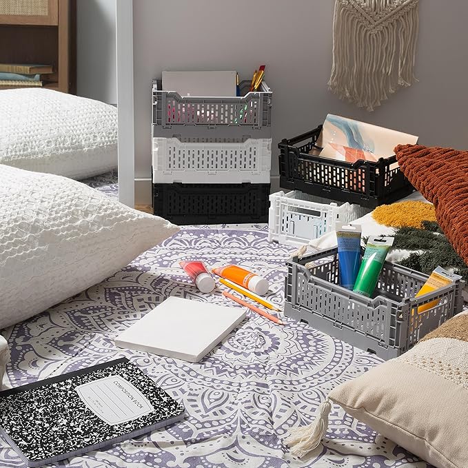 Simplify 4LT Collapsible Storage Crate | Small | Foldable | Stackable | Plastic Bin | Home Organization | Dorm | Office | Crafts | Shelf | Grey