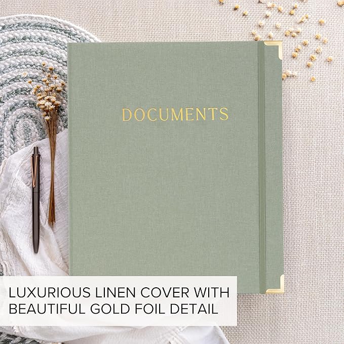 Aesthetic Document Organizer - Sturdy Linen 3-Ring Binder Safely Stores All Your Important Documents and Files in One Place - Easy to Use Expanding Storage Folder Incl. Envelopes, Pockets & Labels