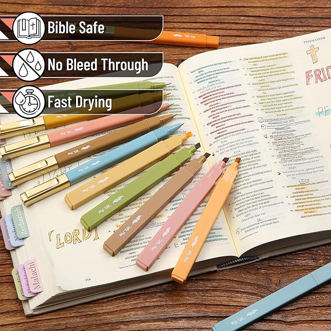 Mr. Pen- Aesthetic Highlighters and Pens No Bleed, 12 Pack, Pastel Color Bible Highlighters No Bleed, Black Ink Bible Pens, Highlighter Pens, No Bleed Highlighters for Bibles, Bible Pens