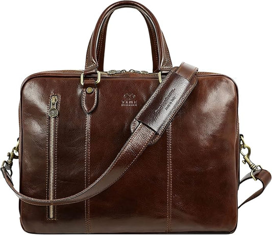 Time Resistance Leather Laptop Briefcase - Full Grain Leather Computer Bag for Men and Women