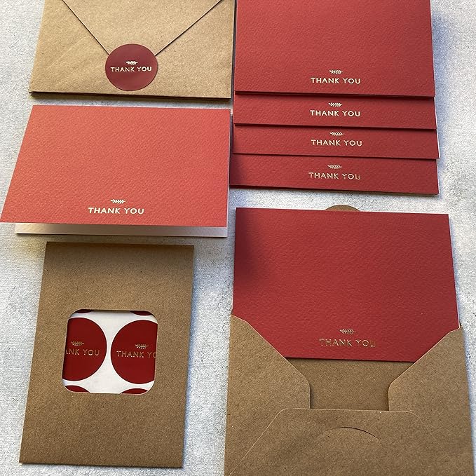RUN2PRINT (36 Pack Thank You Cards With Envelopes & Stickers - Elegant Red Emboss Gold Foil Pressed - Blank Notes Wedding, Bridal, Baby Shower, Business and Formal All Occasion Cards (Folded)