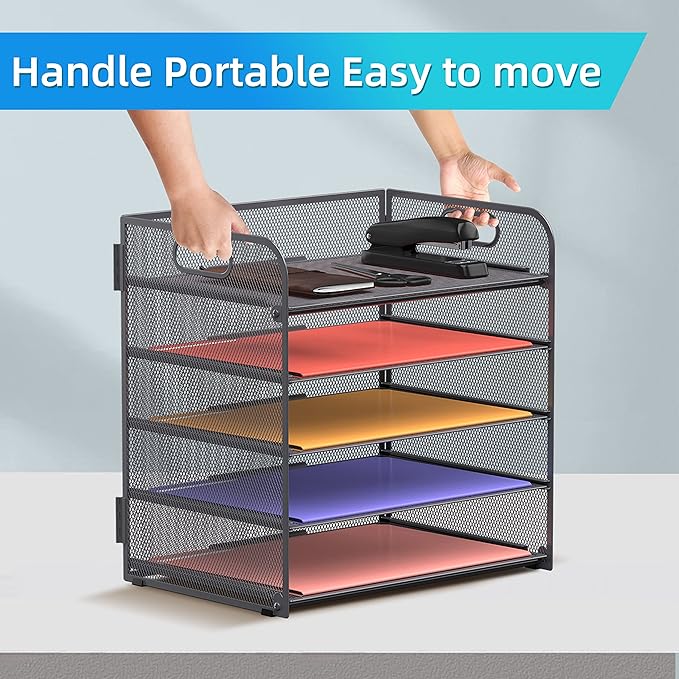 Supeasy 5 Trays Paper Organizer Letter Tray with Handle-Mesh Desk File Organizer, Grey Paper Sorter Desk Organizer for Office, Home or School