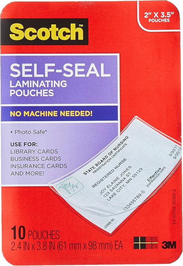 Scotch Self-Sealing Laminating Pouches, Business Card Size (LS851-10G)