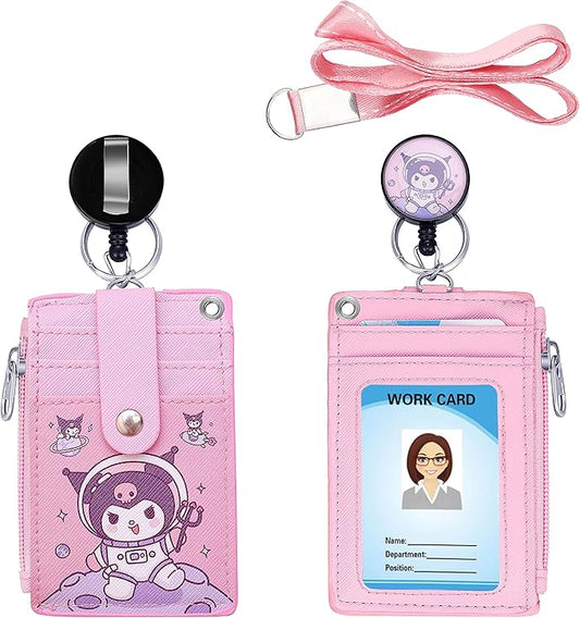 Cute ID Badge Holder Retractable Lanyard Reel Clip with Heavy Duty Carabiner,5 Card Slots in 2 Sided with Key Ring and Zipper for Students Teens BoysGirls Office Staff Women (Purple Kuro)