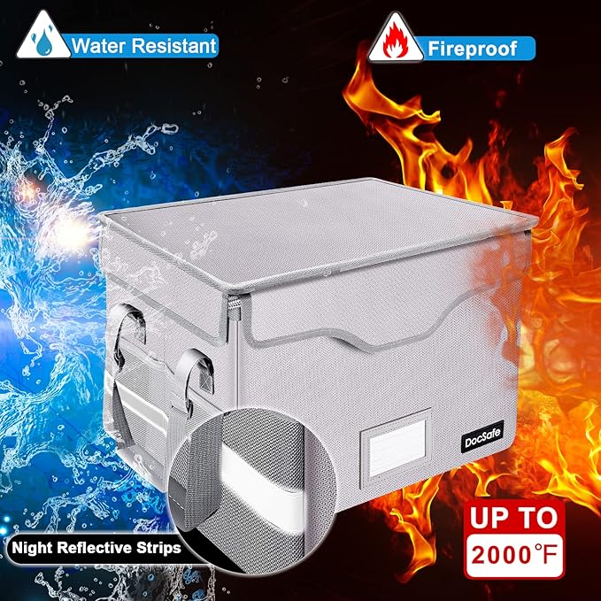 DocSafe File Box Fireproof Document Box with Lock, File Storage Organizer Box with Pockets,Collapsible Portable File Box Home Office File Cabinet with Handle for Hanging Letter/Legal Folder,Silver