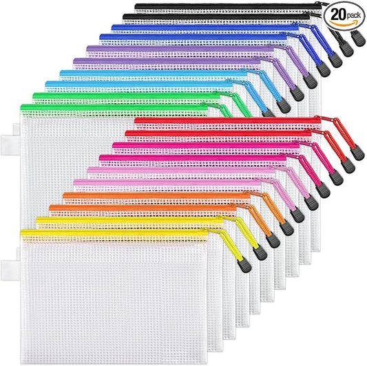 JARLINK 20 Pack 10 Colors Zipper Mesh Document Pouch, 6x9 Inch/A5, Plastic Water-Resistant File Bags, for School Office Supplies, Cosmetics Travel Storage, Assorted Color