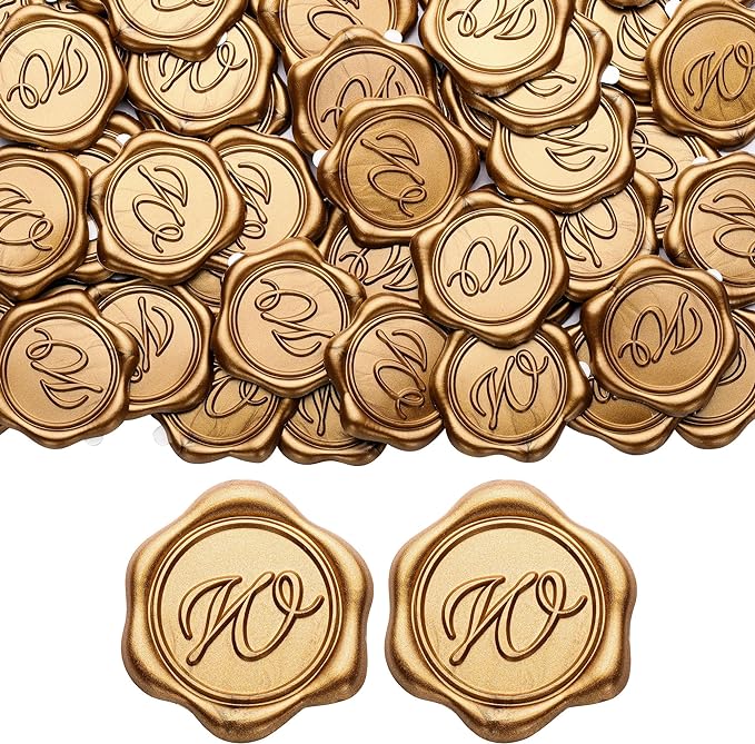 Yoption Initial W Wax Seal Stickers, 100 Pack Antique Gold Self Adhesive Letter Envelope Seal Stickers for Wedding Party Birthday Christmas (W)