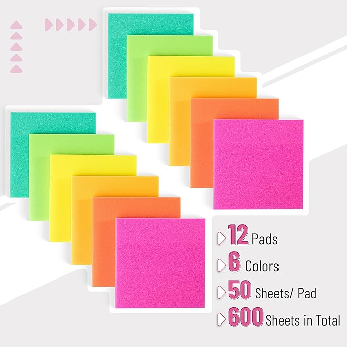 Mr. Pen- Plastic Sticky Notes, 3”x3”, 12 Pads, 600 Sheets, Vivid Palette Sticky Notes, Sticky Note, Self-Stick Note Pads, Sticky Pads Sticky Notes Aesthetic, Colorful Sticky Notes Bulk Sticky Notes