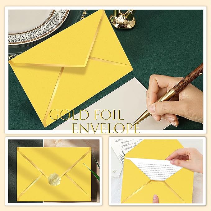 60 Pack Gold Envelopes 5x7 Bulk Yellow, 250G Pearled Cardstock A7 Envelopes for Invitations Business Mailing Envelope with Gold Foil Border, A6 4x6 Envelopes for Wedding Baby Shower Cards