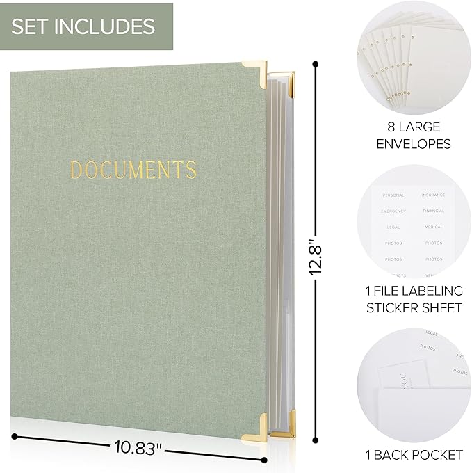 Aesthetic Document Organizer - Sturdy Linen 3-Ring Binder Safely Stores All Your Important Documents and Files in One Place - Easy to Use Expanding Storage Folder Incl. Envelopes, Pockets & Labels