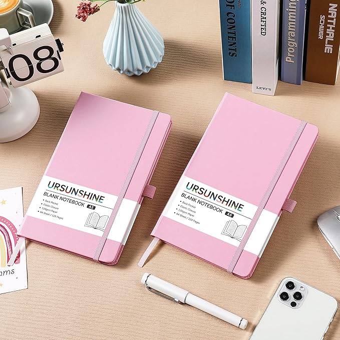 Blank Journal/Notebook - Classic Notebook/Journal with Ribbon Divider, Hardcover with Thick Paper, 5.3'' x 8.26'', Banded + Pen Holder +Inner Pocket - Pink