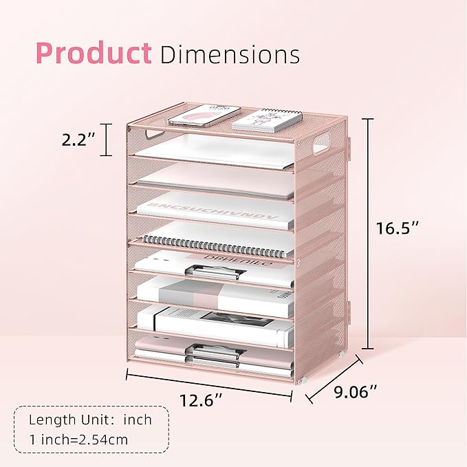 DALTACK 9-Tier Paper Letter Tray Desk Organizer with Handles, Mesh File Holder Organization, Paper Sorter Desk Organizer for Office Home School, Pink