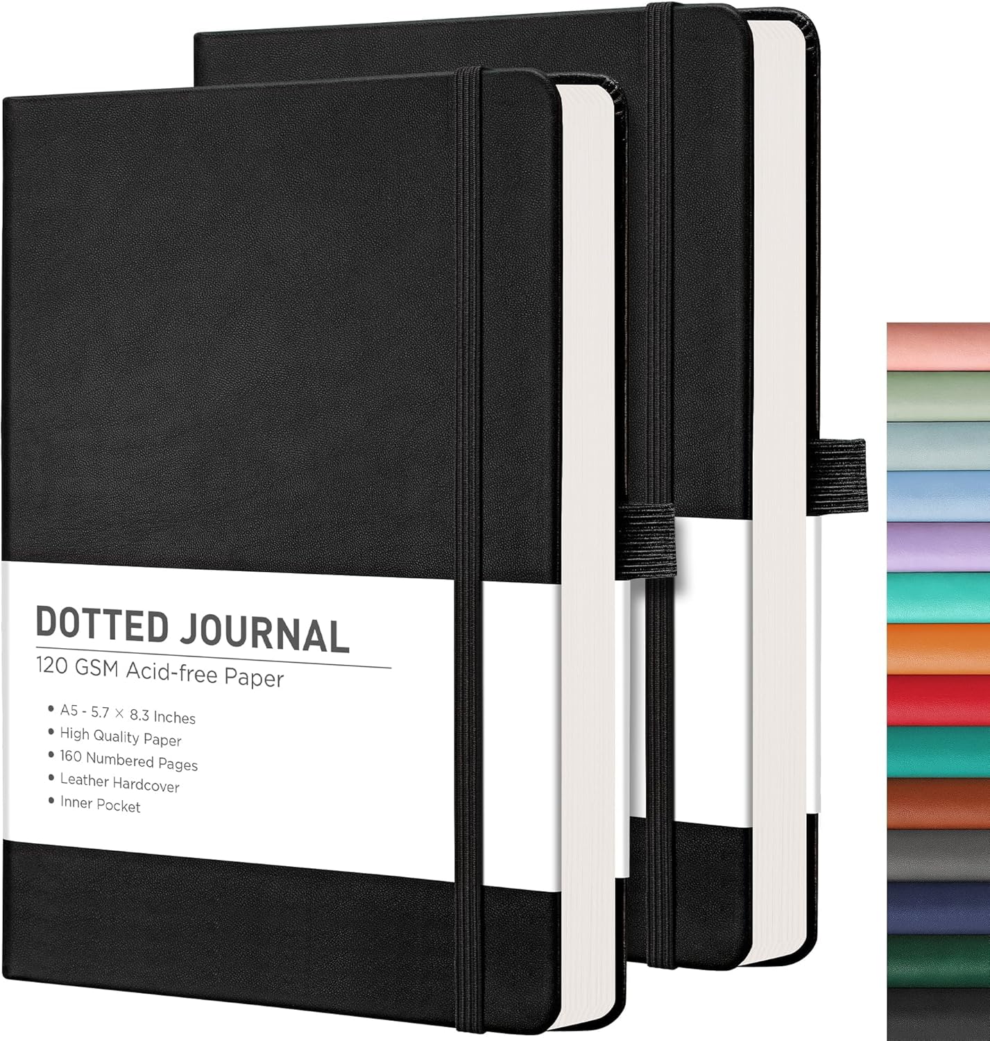 RETTACY Bullet Dotted Journal Notebook, 2-Pack, 160 Numbered Pages per Pack, A5 Medium Size (5.7'' x 8.3''), 120 GSM Thick Paper, Leather Hardcover, for Bullet Journaling (Black & Black)