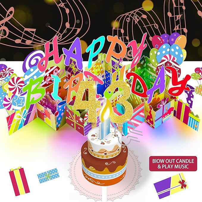 Gumry 43RD Musical Birthday PopUp Card, Blowable Colorful Light Candle 3D Cards with Song, Applause Cheers Sound, Greeting Cards Birthday Gifts Decorations for Women Men Turning 43 Years Old