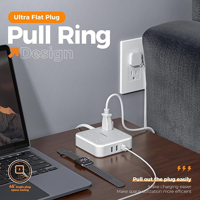 Flat Plug Surge Protector Power Strip, TESSAN 5 ft Extension Cord with 4 Outlets and 3 USB Ports, Indoor Desk Charging Station, 900J Surge Protector for Travel, Office, School, Dorm Room Essentials