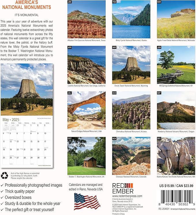 RED EMBER America's National Monuments 2025 Wall Calendar 12 Month | 12" x 24" Open | Thick & Sturdy Paper | Giftable | Calendar 2025