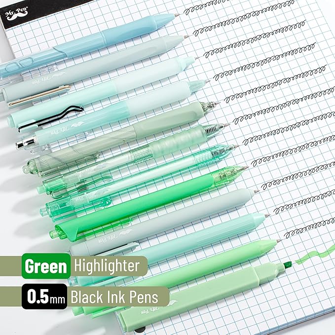 Mr. Pen- Gel Ink Pen Set, 12 pcs, Pastel Green Barrel, Black Ink Gel Pens Fine Point 0.5mm, One Highlighter, Gel Ink Pens, Cute Pens for Women, Aesthetic Pens for Journaling, Fine Tip Pens
