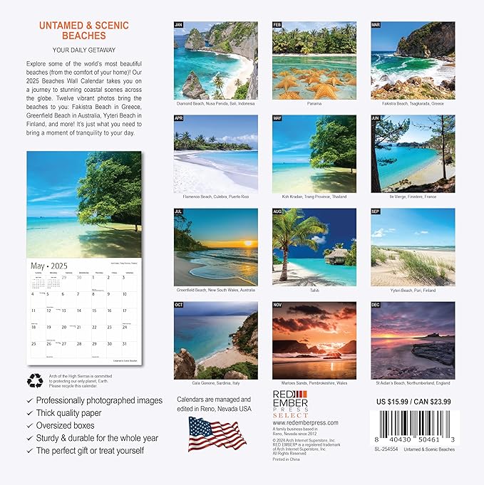 RED EMBER Select - Untamed & Scenic Beaches 2025 Wall Calendar 12 Month | 12" x 24" Open | Thick & Sturdy Paper | Giftable | Calendar 2025