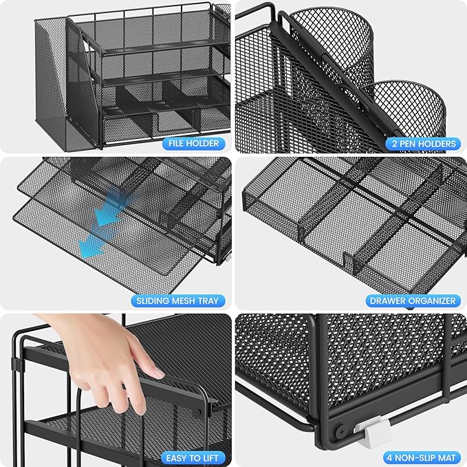 Desk Organizers and Accessories, Desk Accessories & Workspace Organizers for Office Supplies, File Organizer Desk Drawer Organizer with 2 Pen Holders, 4 Tier Paper Organizer for Desk(Black)
