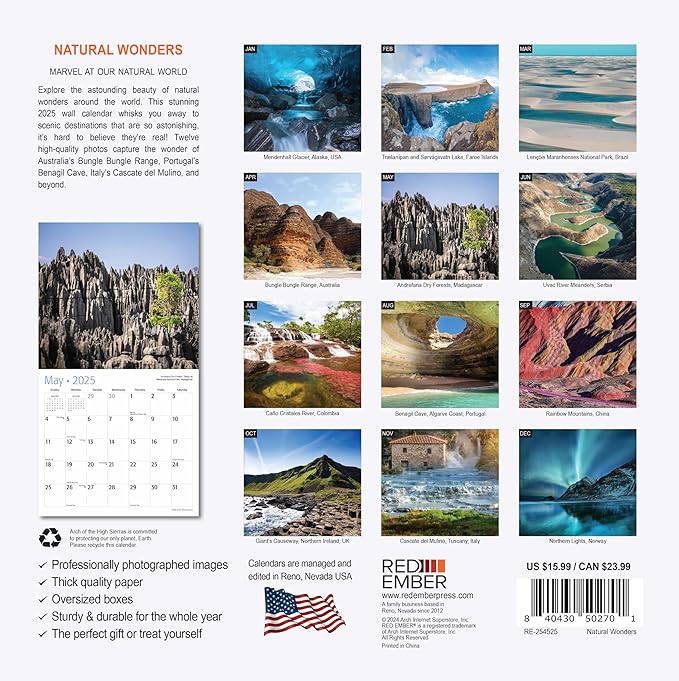 RED EMBER Natural Wonders 2025 Wall Calendar 12 Month | 12" x 24" Open | Thick & Sturdy Paper | Giftable | Calendar 2025