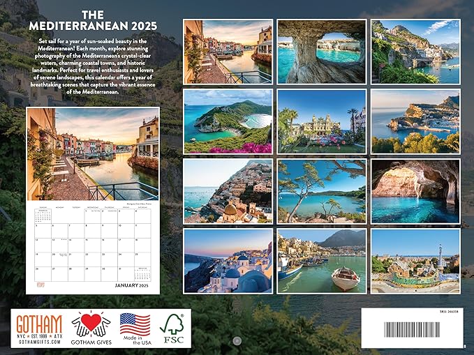 Mediterranean Calendar 2025 Monthly Wall Calender 12 Month | American Made In The USA