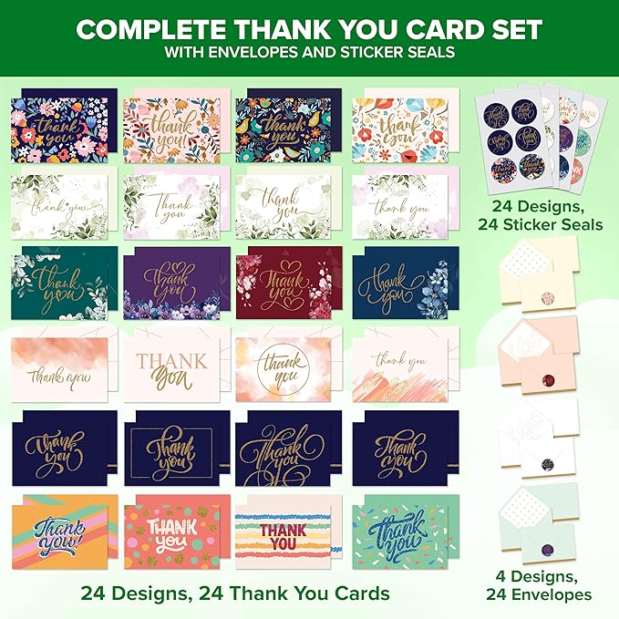 Decorably 24 Pack Glittery 6x4in Assorted Thank You Cards with Envelopes and Stickers, 24 Unique Beautiful Designs Thank You Card Assortment, Blank Inside - Wedding, Baby Shower, Birthday