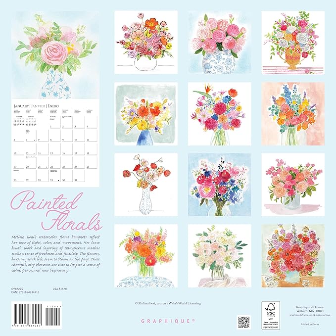 Graphique 2025 Pained Florals Wall Calendar | 12” x 12” | Thick Paper | Home & Office Organizer | Large Monthly Grid | 3 Languages & Marked Holidays | 4 Month Preview Page for 2026