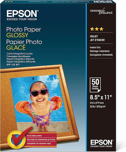 Epson S041649 Glossy Photo Paper, 52 lbs., Glossy, 8-1/2 x 11 (Pack of 50 Sheets)