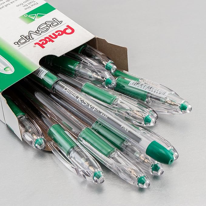 Pentel R.S.V.P. Ballpoint Pen, 0.7mm Fine Tip, Green Ink, Box of 12 (BK90-D)