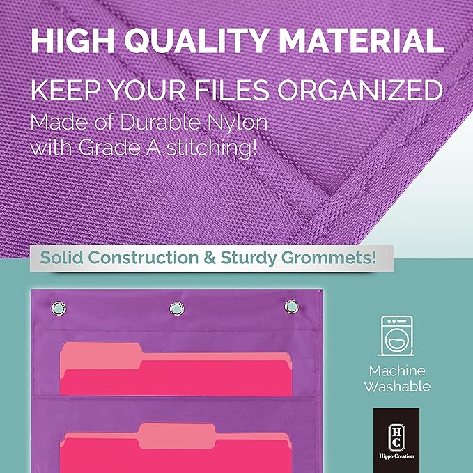Hippo Creation Heavy Duty Storage Pocket Chart for Classroom, 10 Pocket Storage Organizer with 3 Over-Door Hangers, Hanging Wall Organizer for File Folders, School Mailbox, Home Office Papers - Purple