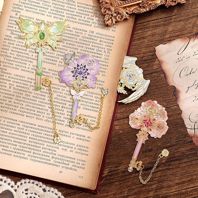 4pcs Metal Bookmarks Set for Reading Women and Men, Enchanted Floral Wing Key Magic Reading Accessories, Fantasy Book Marks Gifts for Book Lovers Readers Kids Page Holders with Flower Feather Designs