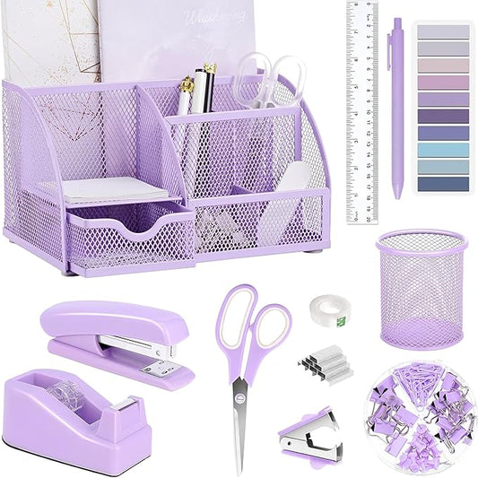 Purple Office Desk Accessories Supplies, 12pcs Desk Organizers and Accessories with Tape dispenser and Stapler,Staples,Staple Remover,Pen Holder,Scissor,Ruler,Sticky Tabs,Tape,Ballpoint Pen,Clips Set