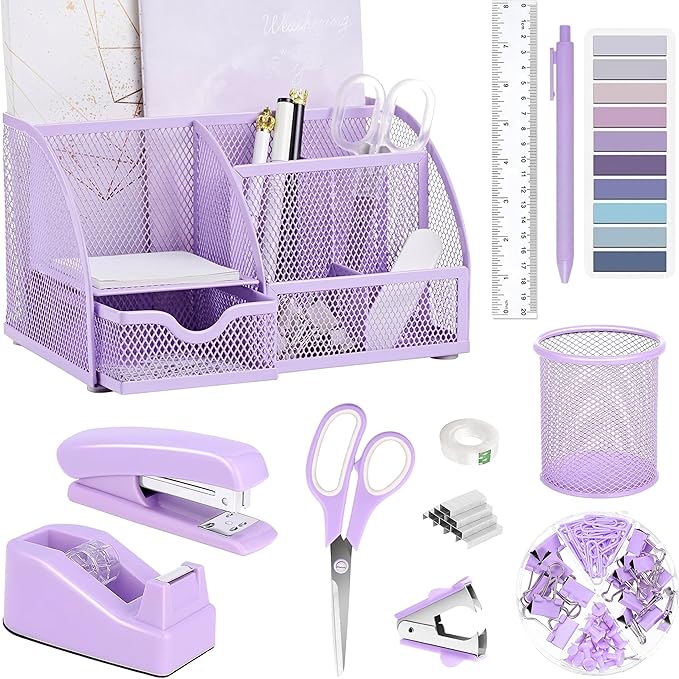Purple Office Desk Accessories Supplies, 12pcs Desk Organizers and Accessories with Tape dispenser and Stapler,Staples,Staple Remover,Pen Holder,Scissor,Ruler,Sticky Tabs,Tape,Ballpoint Pen,Clips Set
